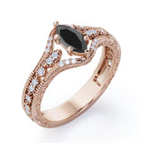 Unique Six Prongs 1.25 Carat Marquise Cut Black Diamond Vintage Filigree Engagement Ring In White Gold