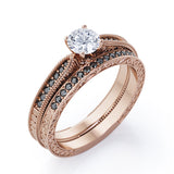 Milgrain-Edged 1.5 TCW Round-Shaped Moissanite with Lab Created Black Diamond Art Deco Victorian Design Wedding Set in Rose Gold
