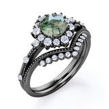 Vintage Milgrain 0.8 Carat Round Cut Moss Agate Bridal Set