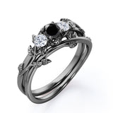 1.25 carat round cut  Black Diamond leaf style bridal set ring in white gold