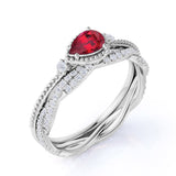 Vintage Filigree Bezel Set 1.50 Carat Pear Cut Lab-Created Ruby and Diamond Pave Infinity Wedding Ring Set in White Gold