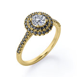 Double Halo Cluster - 1.5 TCW Round Shape Moissanite with Lab Created Black Diamond - Pave Accented Engagement Ring in Rose Gold