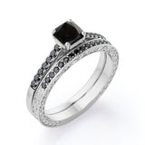 Lattice 1.5 TCW Princess Cut Lab Created Black Diamond 4-Prong Pave Bridal Set in White Gold