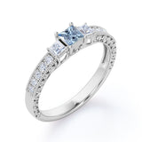 1.20 Carat Princess Cut Aquamarine And Diamond Beaded Pave Engagement Ring In White Gold