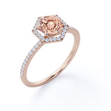 Elegant Hexagon Style 1.75 Carat Round Orange Peach Morganite and Diamond Engagement Ring in Rose Gold
