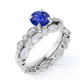 Sale: 2 Carat Round cut Blue Sapphire and Diamond Engagement Bridal Wedding Ring Set