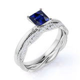 Plain Shank 2 Carat Princess Cut Sapphire Bridal Set with Diamond Infinity Wedding Band in White Gold