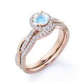 1.75 Carat Round Rainbow Moonstone and Diamond Halo Wedding Ring Set in Rose Gold