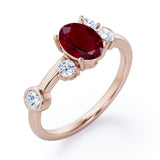 Unique 1 carat Oval Five Stone Ring With Petite Ruby and Diamond in White Gold