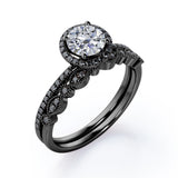 Art Deco Pave Setting - 1.65 TCW Round Cut Moissanite with Lab Created Black Diamond - Halo Design Bridal Set in Yellow Gold