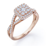 Pave Crossover - 1.25 Carat Round Cut Moissanite and diamond - Flush Cluster Halo Engagement Ring in Rose Gold