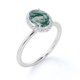 Modern Simple Solitaire 1.75 Carat Oval Cut Cloudy Milky White Moss Green Agate and Diamond Halo Engagement Ring in Rose Gold for Her