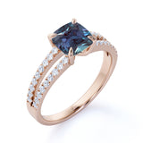 Double Shank Single Stone 1.50 Carat Cushion Cut Simulated Alexandrite and Diamond Pave Classic Engagement Ring