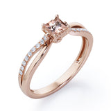 Twisted and Split Pinched Shank 0.65 carat Princess Morganite and Moissanites Elegant Engagement Ring in Rose Gold