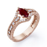 Beaded Framed 1.25 Carat Marquise Cut Lab Ruby And Diamond Vintage Filigree Engagement Ring In White Gold