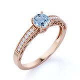 Pave Setting 1.50 Carat European Round Aquamarine and Diamond Milgrain Engagement Ring in White Gold