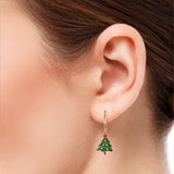 Christmas Tree Certified Lab Diamond Enamel Wire Hook Earrings in 18K White Gold Plating over Silver