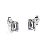 Certified - 3 Carat Emerald Cut Moissanite - Minimalist Solitaire Stud Earrings - 18K White Gold Plating Over Silver