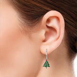 Christmas Tree Certified Lab Diamond Enamel Wire Hook Earrings in 18K White Gold Plating over Silver