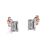 Certified - 1 Carat Emerald Cut Moissanite - Minimalist Solitaire Stud Earrings - 18K Rose Gold Plating Over Silver