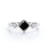 1 carat princess cut Black Diamond three stone pave engagement ring in white gold