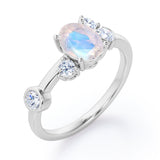 Unique 1 carat Oval Five Stone Ring With Petite Moonstone and Diamond in White Gold