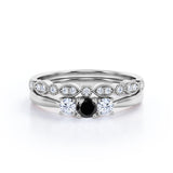 1.30 Carat Round Cut Lab Grown Black Diamond Trilogy Wedding Ring Set In White Gold