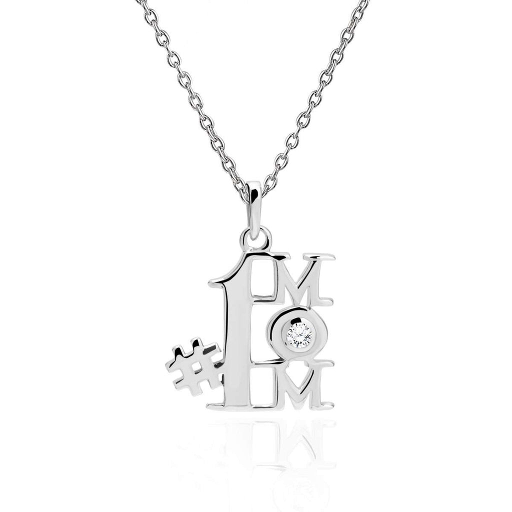 Number One Mom Diamond Pendant Necklace in 18K White Gold over Silver