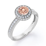Decorative Halo 1 carat Round Morganite and Diamond Milgrain Engagement Ring in White Gold