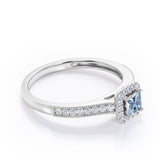 Halo Design 1.25 Carat Princess Cut Aquamarine Milgrain-Bordered Pave-Channel Engagement Ring in White Gold