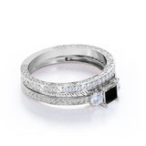 1.25 carat princess cut Black Diamond three stone filigree wedding ring set in white gold
