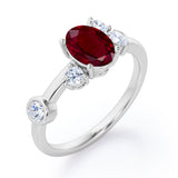 Unique 1 carat Oval Five Stone Ring With Petite Ruby and Diamond in White Gold
