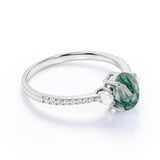 Three Stone 0.8 carat Oval Moss Agate with Pearl and Moissanite Engagement Ring in White Gold