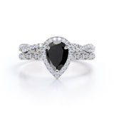 1.25 ct Pear Lab Black Diamond Art Deco Wedding Ring Set