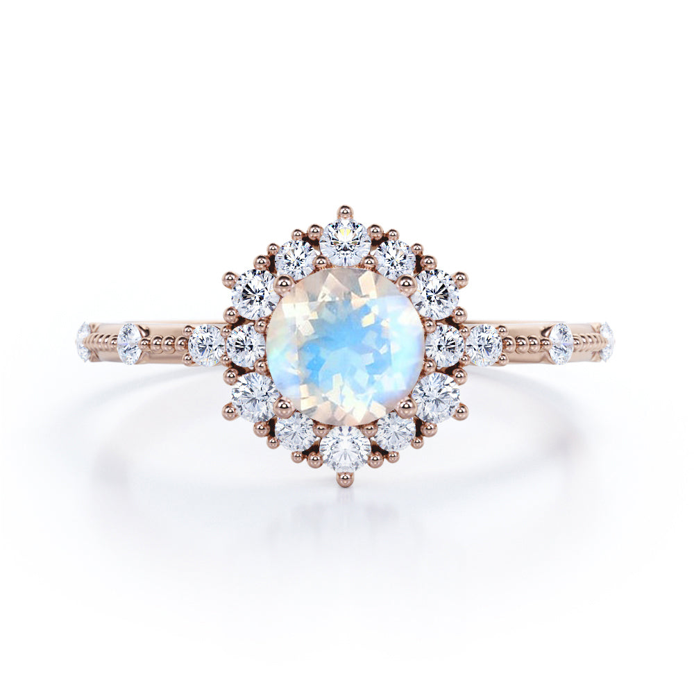 Snowflake Inspired 0.6 carat Round Moonstone and Moissanite Engagement Ring in Black Gold
