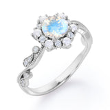 Floral Halo 0.7 carat Round Moonstone and Diamond Engagement Ring in White Gold