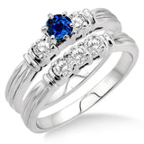 Art Deco 1.25 Carat Round Natural Blue Sapphire and Moissanite Bridal Wedding Ring Set with Engagement Ring and Wedding Band in 18k Gold Over Silver