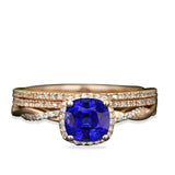 Vintage 2 Carat Cushion Cut Natural Sapphire and Moissanite Wedding Trio Ring Set with Engagement Ring and 2 Wedding Bands in 18k Gold Over Silver