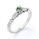 Stylish Cathedral 0.6 carat Round Green Moss Agate and Moissanite Engagement Ring in White Gold