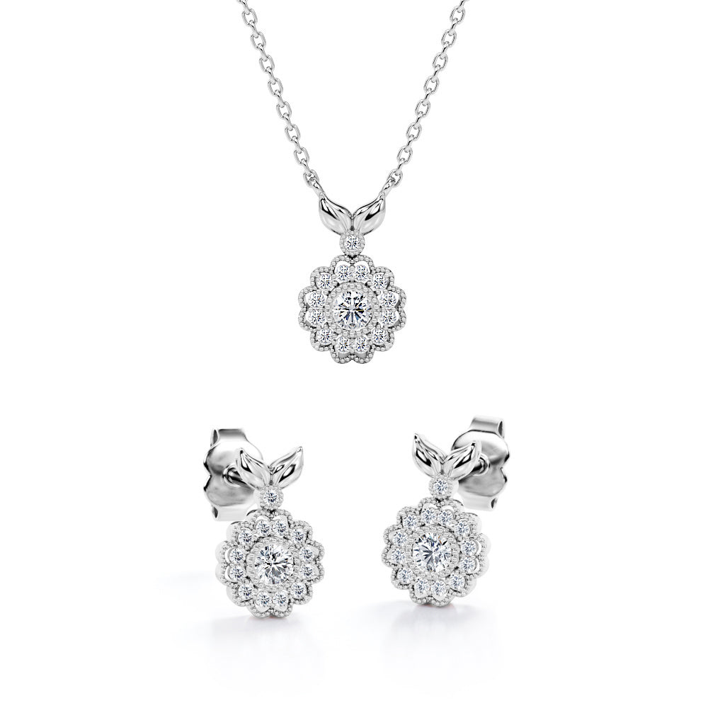 Bloom Flower Halo 10K Jewelry Set of 0.35 TCW Diamond with Pendant Necklace & Earrings
