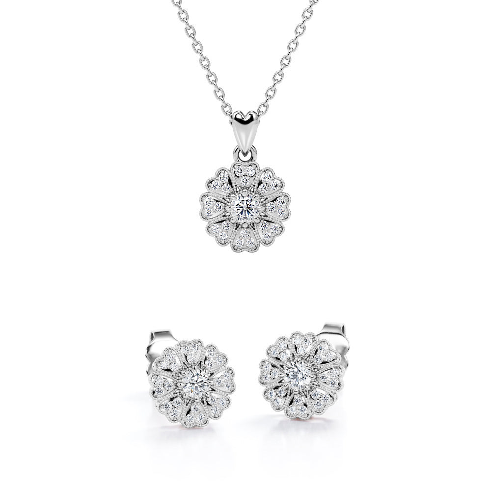 Heart-Petal Cluster 10K Jewelry Set of 0.35 TCW Diamond with Pendant Necklace & Earrings
