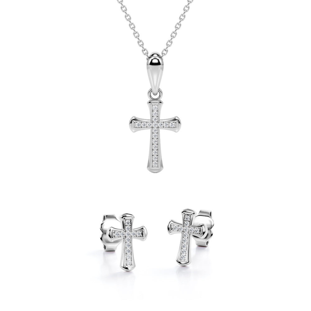 Pave-Channel Rounded 10K Jewelry Set 0.15 TCW Diamond with Cross Pendant Necklace & Earrings