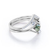 Three Stone Ring Twig-Inspired with 0.7 carat Round Moss Agate and Moissanite Wedding Ring Set in Rose Gold