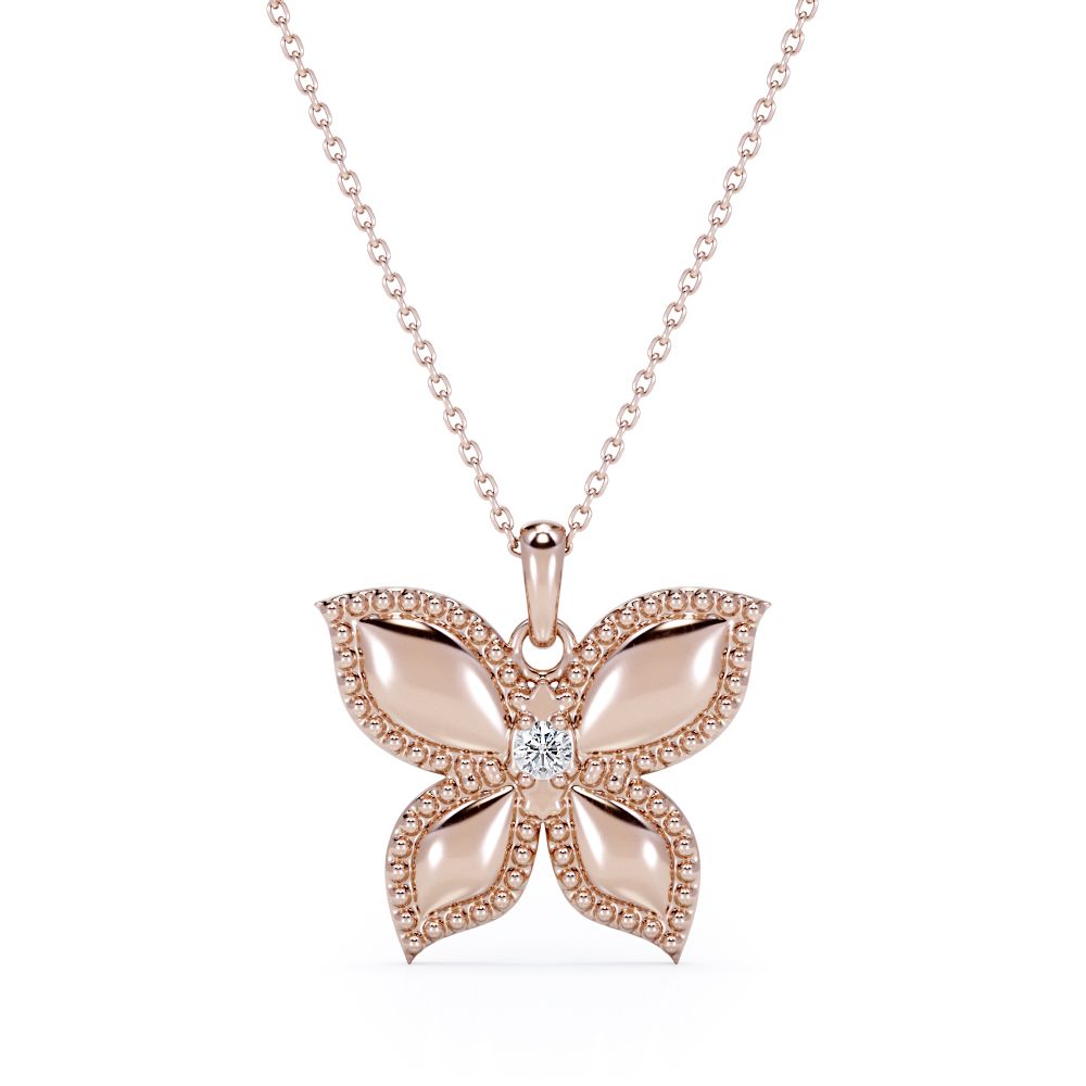 Butterfly-in-Love Pendant Necklace with Round Brilliant Cut Moissanite in 18K Rose Gold Plating over Silver