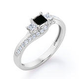 Trellis Three Stones 1 carat Princess Black Diamond Braided Engagement Ring in Rose Gold