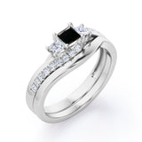 3 Stone Shared Prong - 1 TCW Princess Cut Black Diamond - Pave Curved Shank Wedding Set -Rose Gold