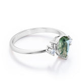 Special Gift - Trilogy 0.6 carat Pear Green Moss Agate and Moissanite Engagement Ring in White Gold