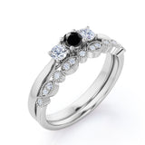 1.30 Carat Round Cut Lab Grown Black Diamond Trilogy Wedding Ring Set In White Gold