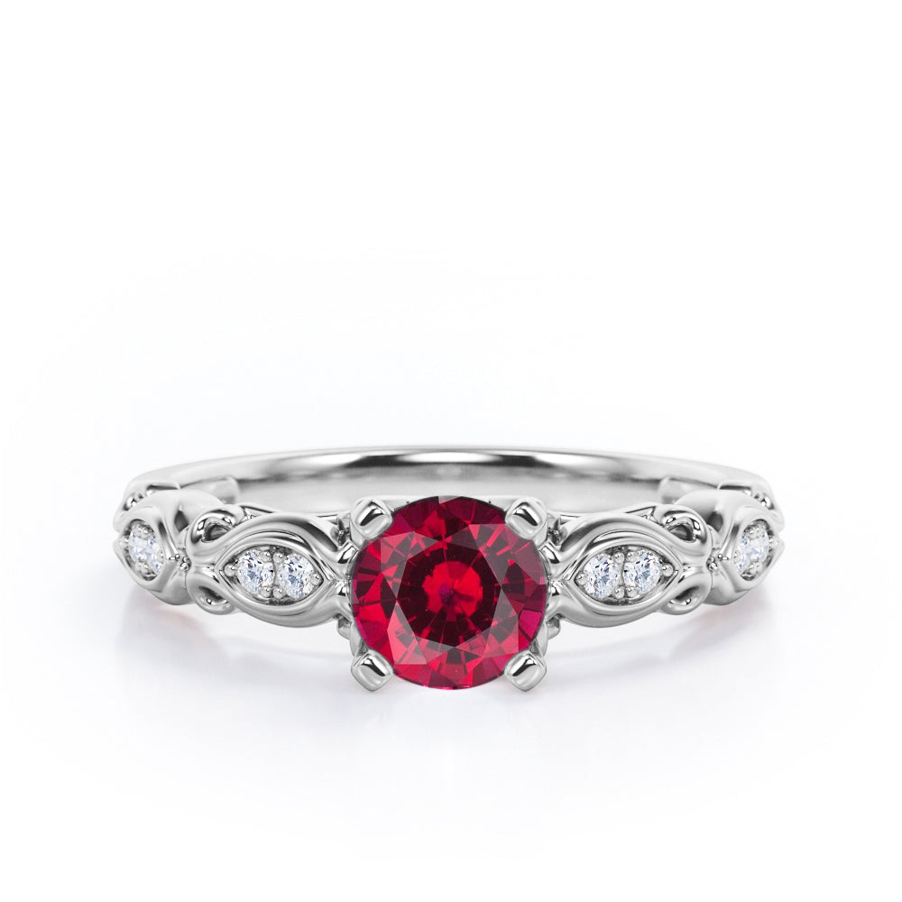 Decorative Basket Prong 0.5 carat Round Ruby and Diamond Nature-Inspired Ring in Rose Gold