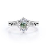 Heart Split Shank 0.6 carat Round Moss Green Agate and Moissanite Wedding Set in White Gold